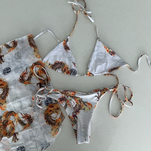3 Piece Tie-Up Halter Triangle Bikini Set with Skirt Dragon Design in White - Picture 6 of 8